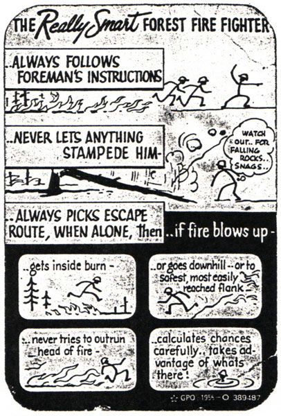 The 'Really Smart' Forest Fire Fighter...always follows foreman's instructions...never lets anything stampede him...always picks escape routes, when alone, then...if fire blows up-...gets inside burn...or goes downhill, or to safest, most easily reached flank...never tries to outrun head of fire...calculates chances carefully, takes advantage of what's there!